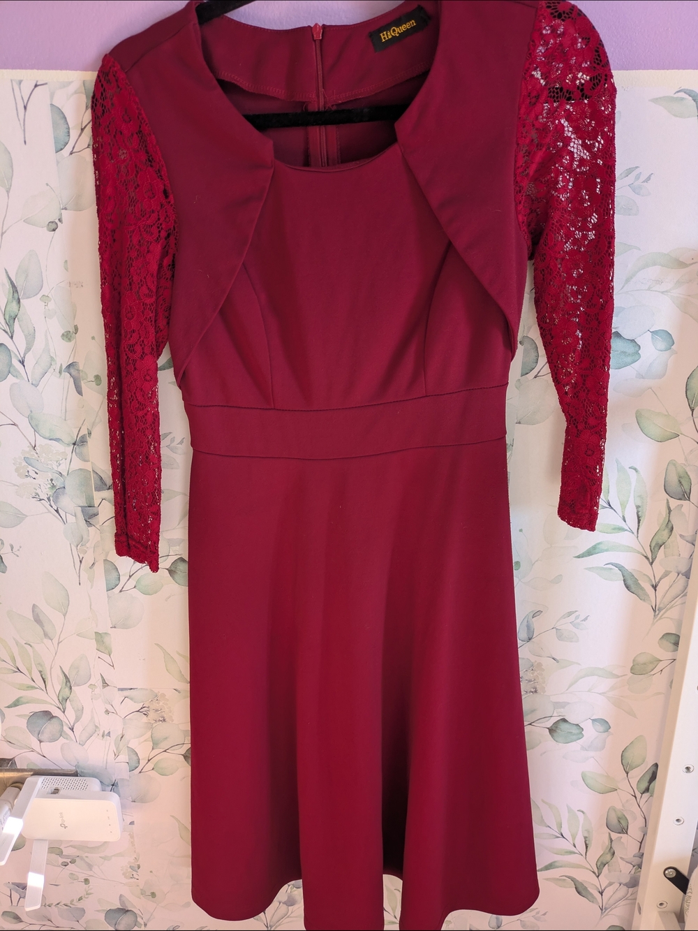 Women's Burgundy Lace Sleeve Fit & Flare Dress